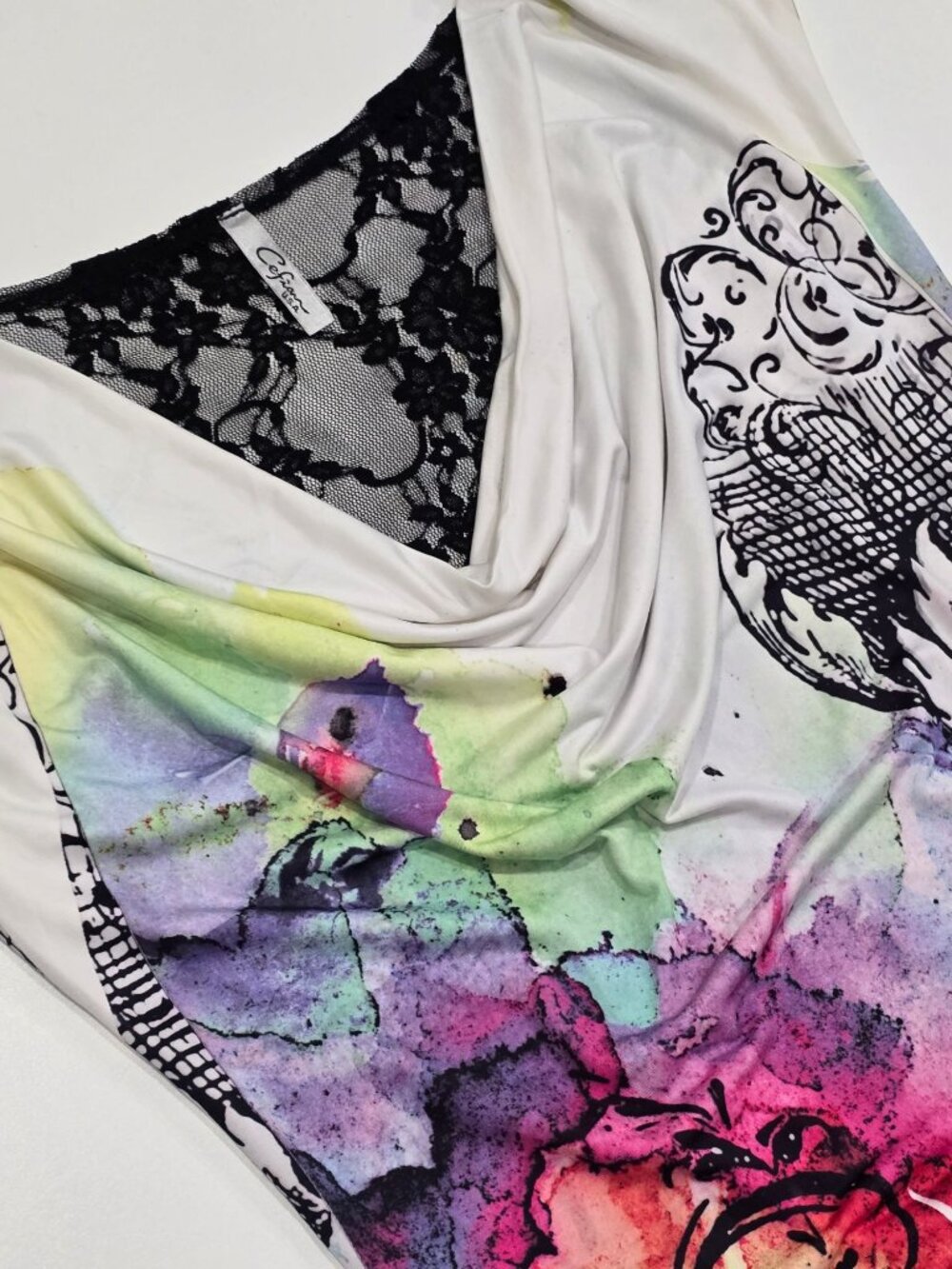 Cesarina ✦ Abstract Multicolor Cowl Neck Dress ✦ Lace Back Ruched Sides S - Picture 8 of 13